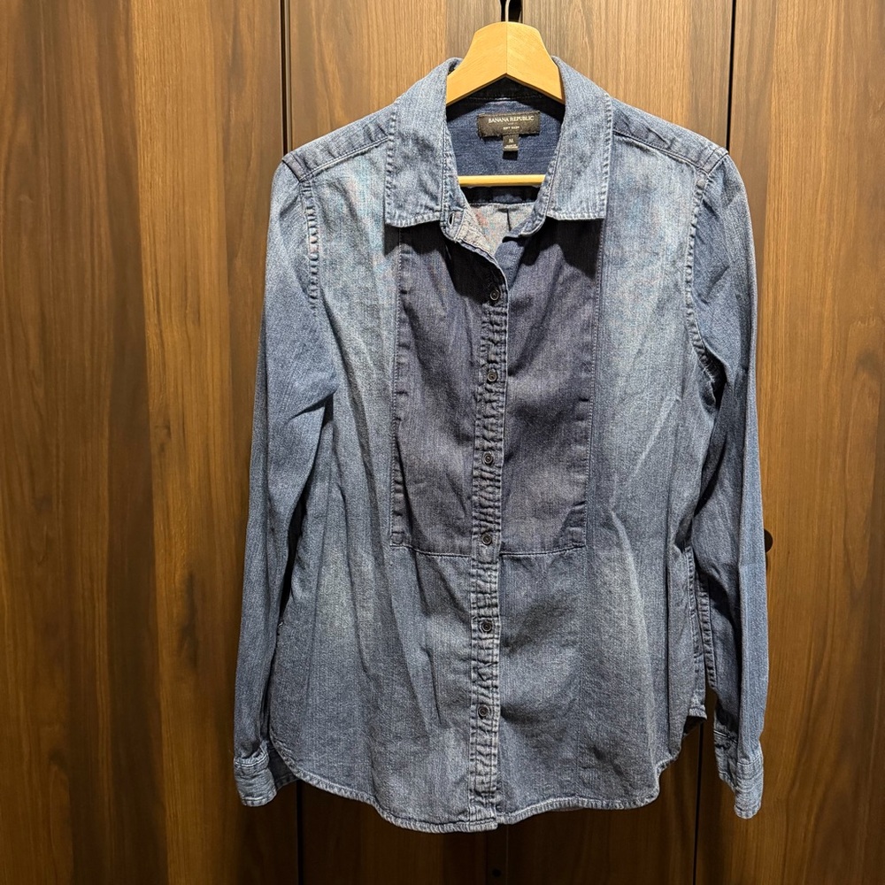 Banana Republic Factory Soft Wash Denim Jean Tuxedo Long Sleeve Shirt Sz Medium